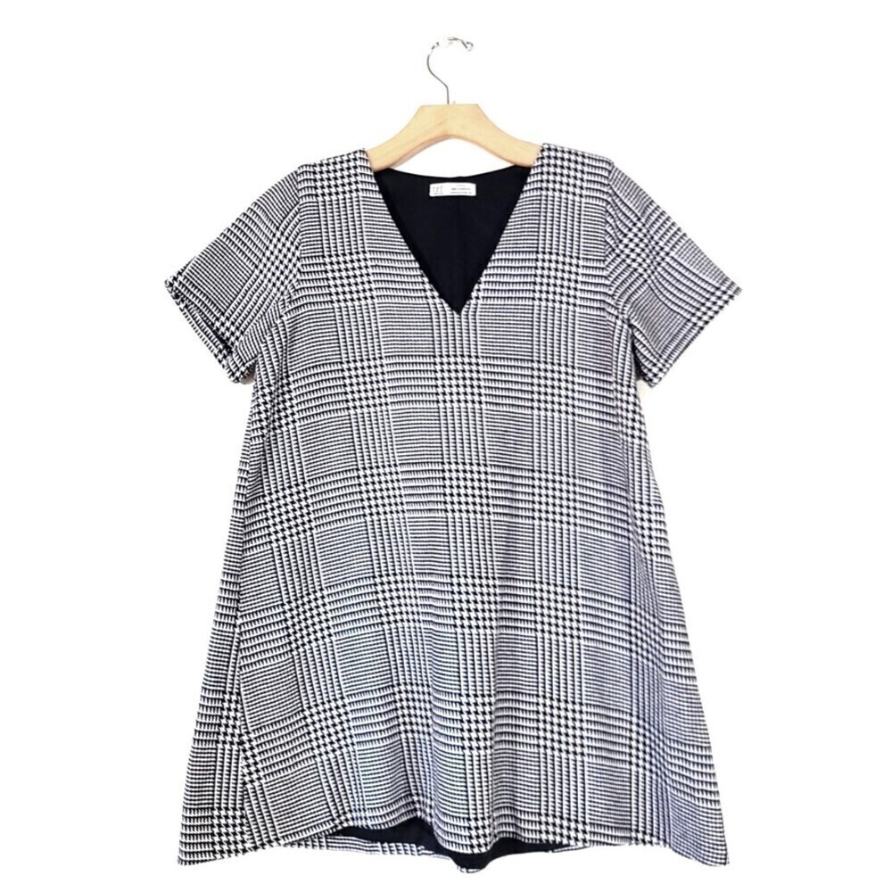 ZARA Houndstooth Knit Babydoll Mini T Shirt Dress Black White Academia Medium
